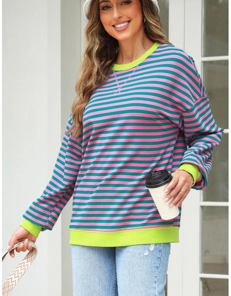 Rose Stripe Contrast Ribbed Trim Crossed Stitch Drop Shoulder Sweatshirt