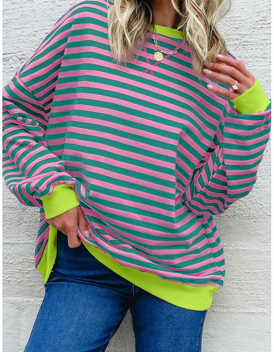 Rose Stripe Contrast Ribbed Trim Crossed Stitch Drop Shoulder Sweatshirt