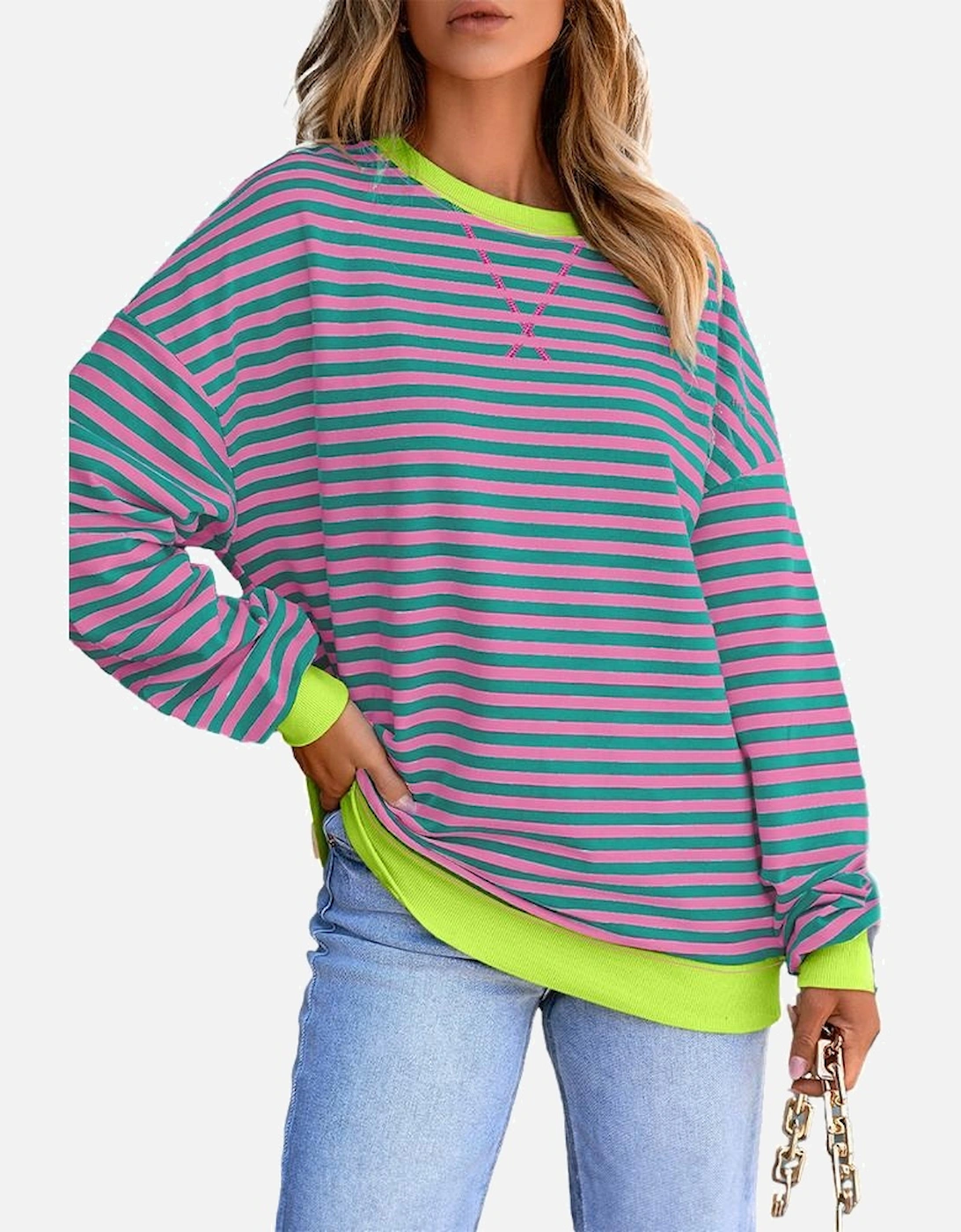 Rose Stripe Contrast Ribbed Trim Crossed Stitch Drop Shoulder Sweatshirt