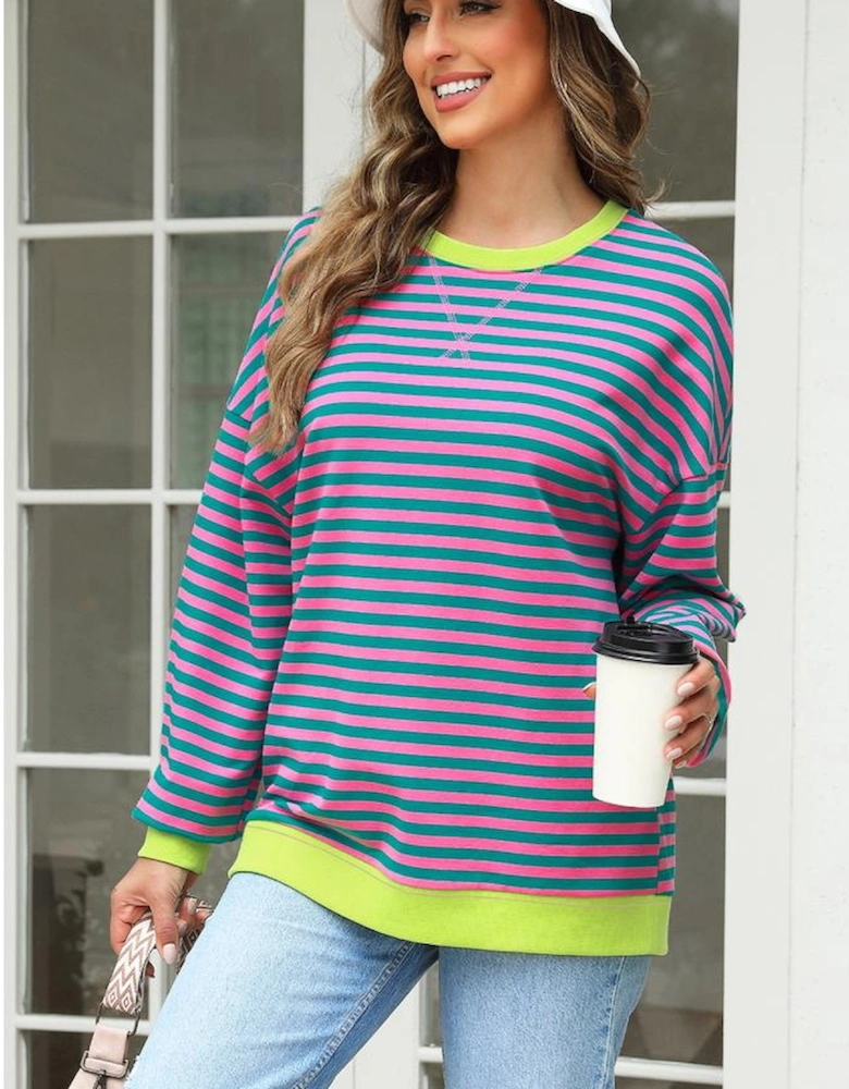 Rose Stripe Contrast Ribbed Trim Crossed Stitch Drop Shoulder Sweatshirt