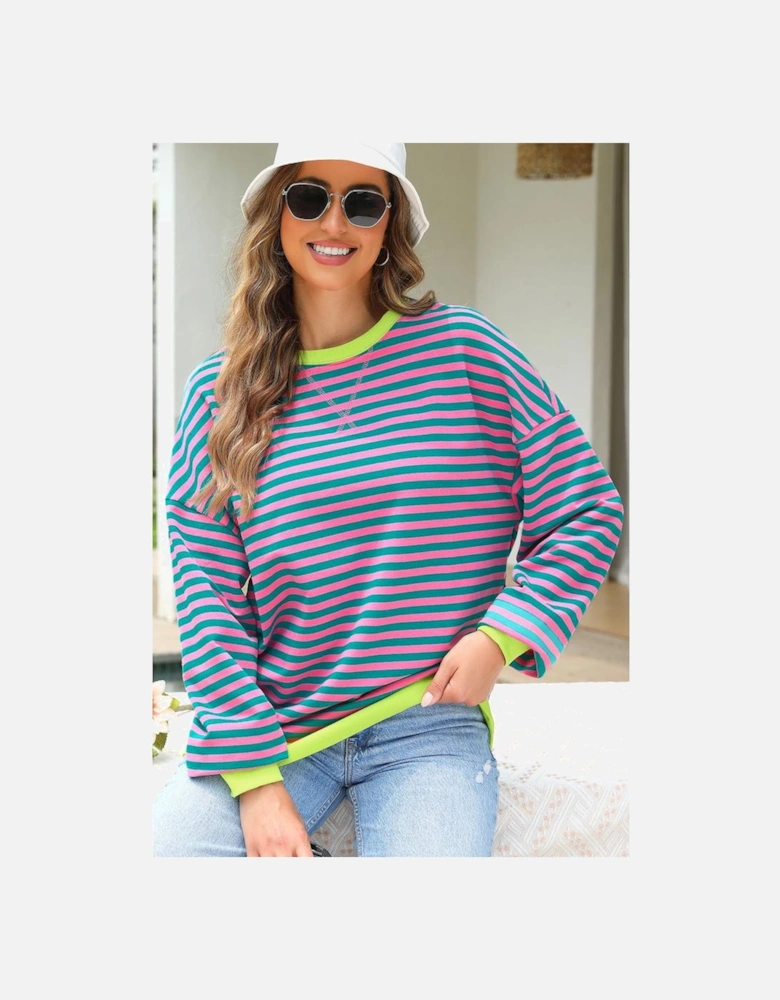 Rose Stripe Contrast Ribbed Trim Crossed Stitch Drop Shoulder Sweatshirt