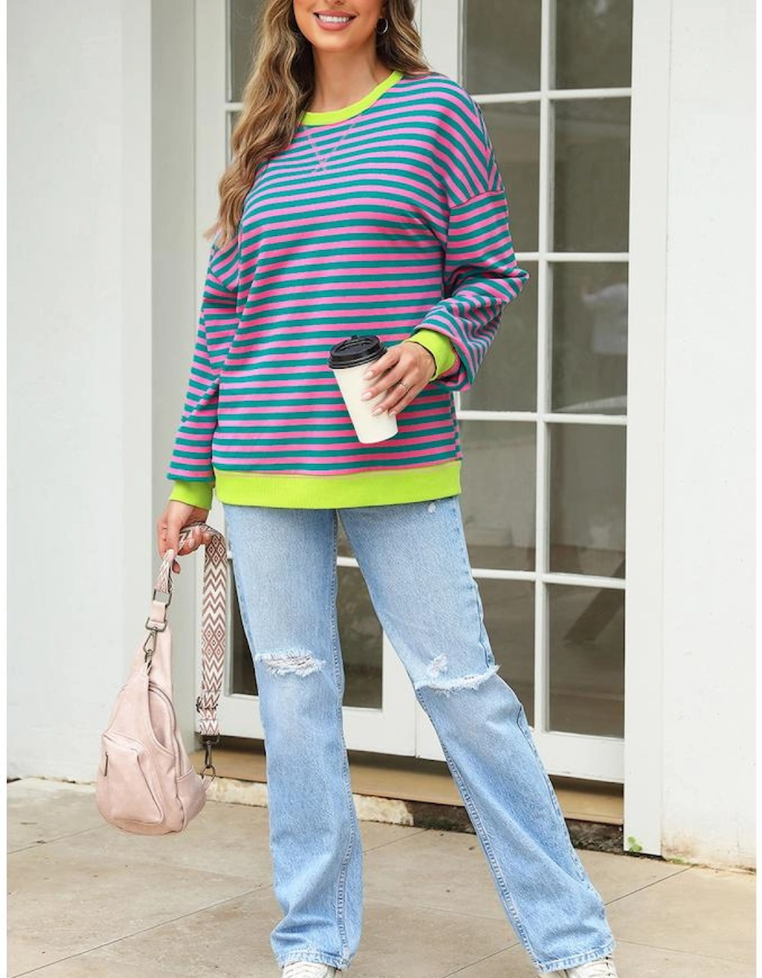 Rose Stripe Contrast Ribbed Trim Crossed Stitch Drop Shoulder Sweatshirt