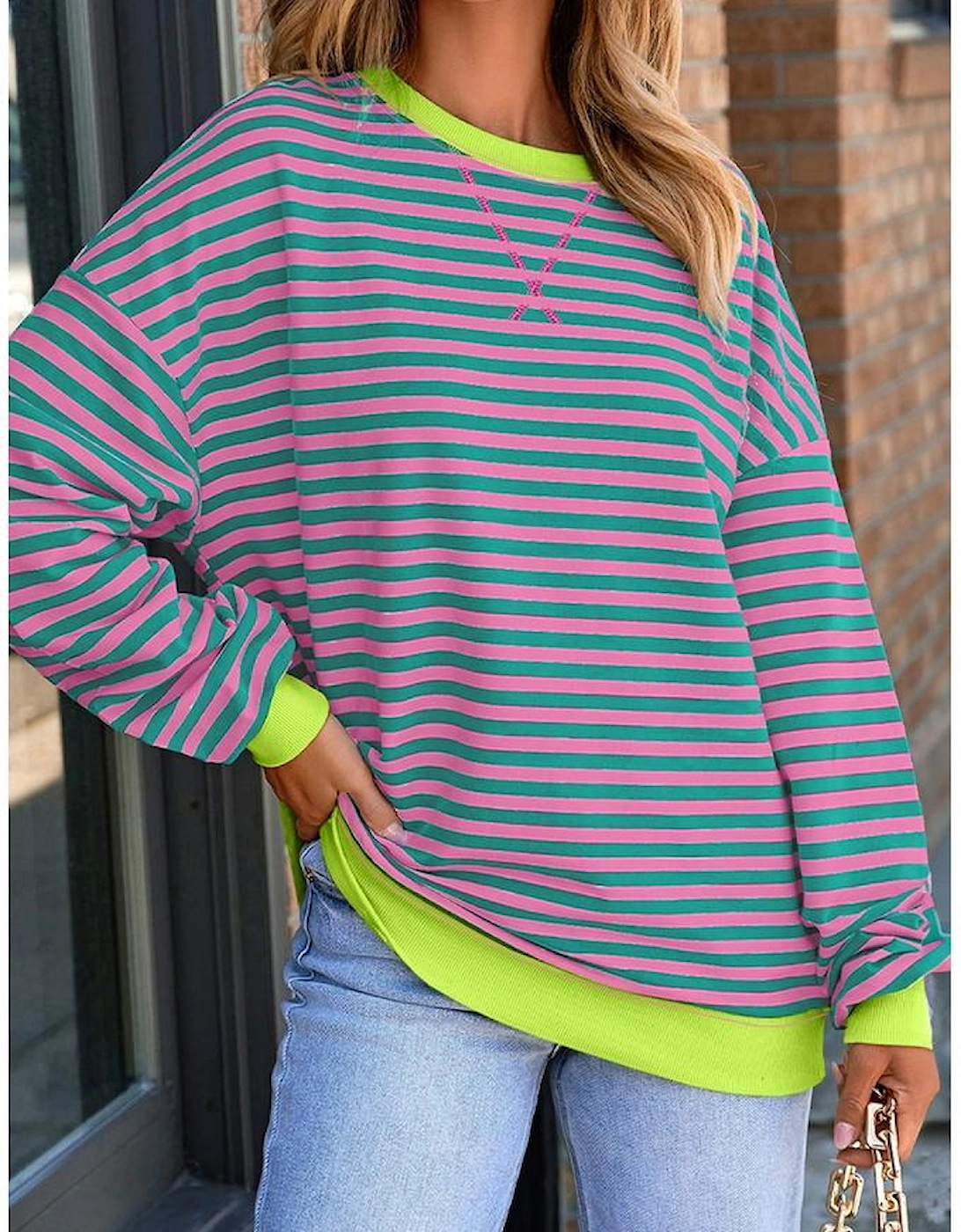 Rose Stripe Contrast Ribbed Trim Crossed Stitch Drop Shoulder Sweatshirt