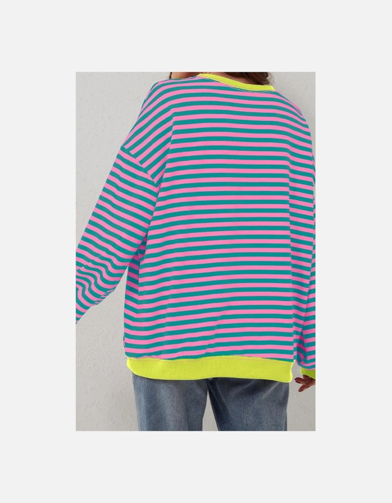Rose Stripe Contrast Ribbed Trim Crossed Stitch Drop Shoulder Sweatshirt