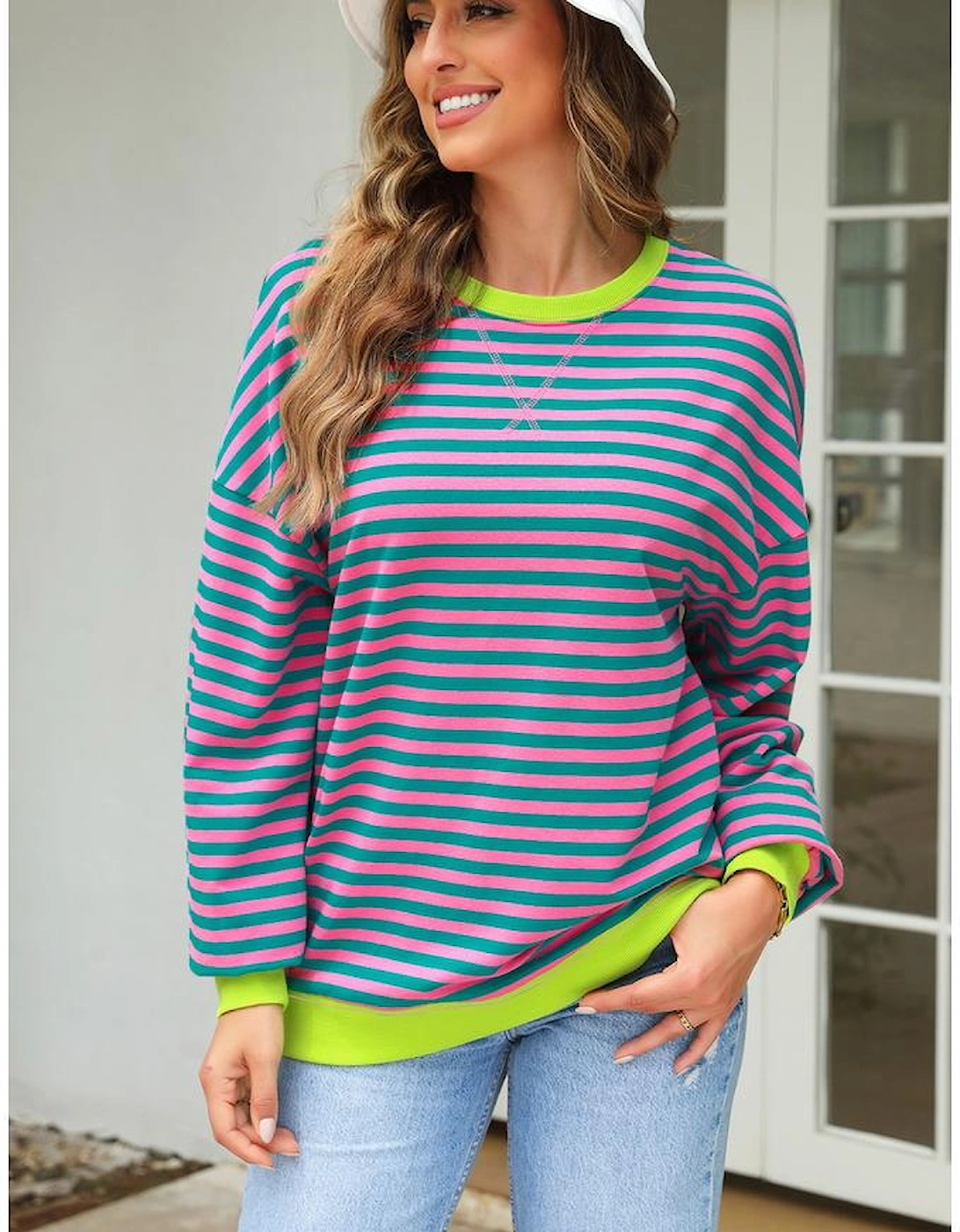 Rose Stripe Contrast Ribbed Trim Crossed Stitch Drop Shoulder Sweatshirt