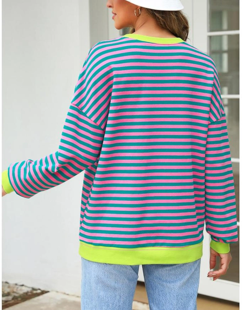 Rose Stripe Contrast Ribbed Trim Crossed Stitch Drop Shoulder Sweatshirt