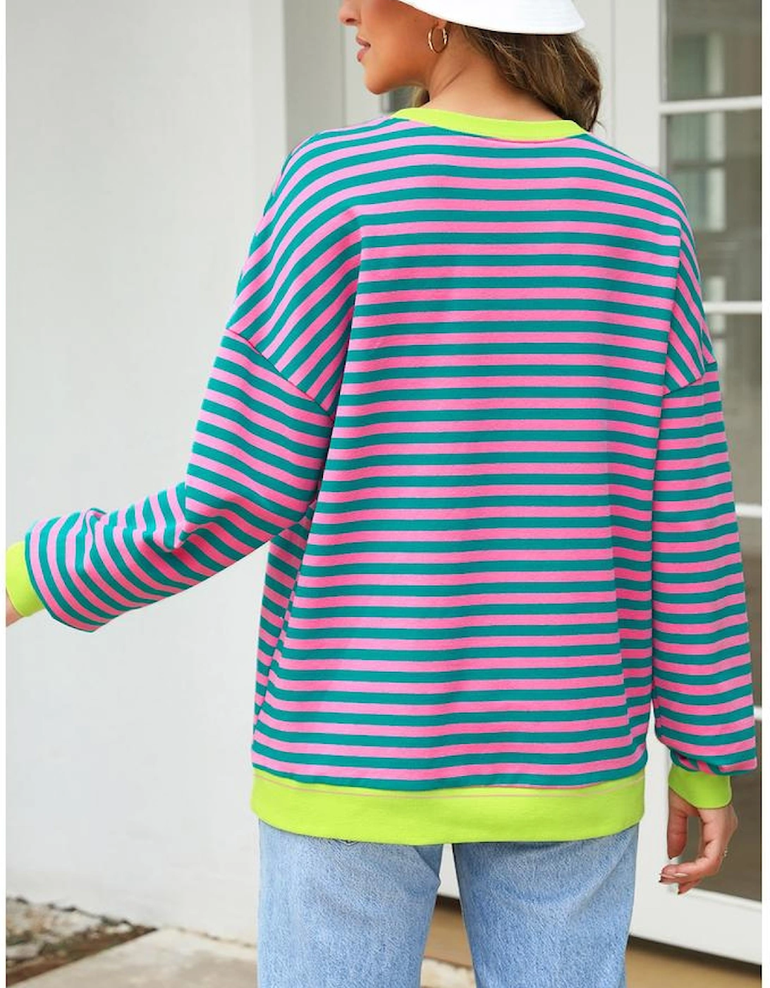 Rose Stripe Contrast Ribbed Trim Crossed Stitch Drop Shoulder Sweatshirt