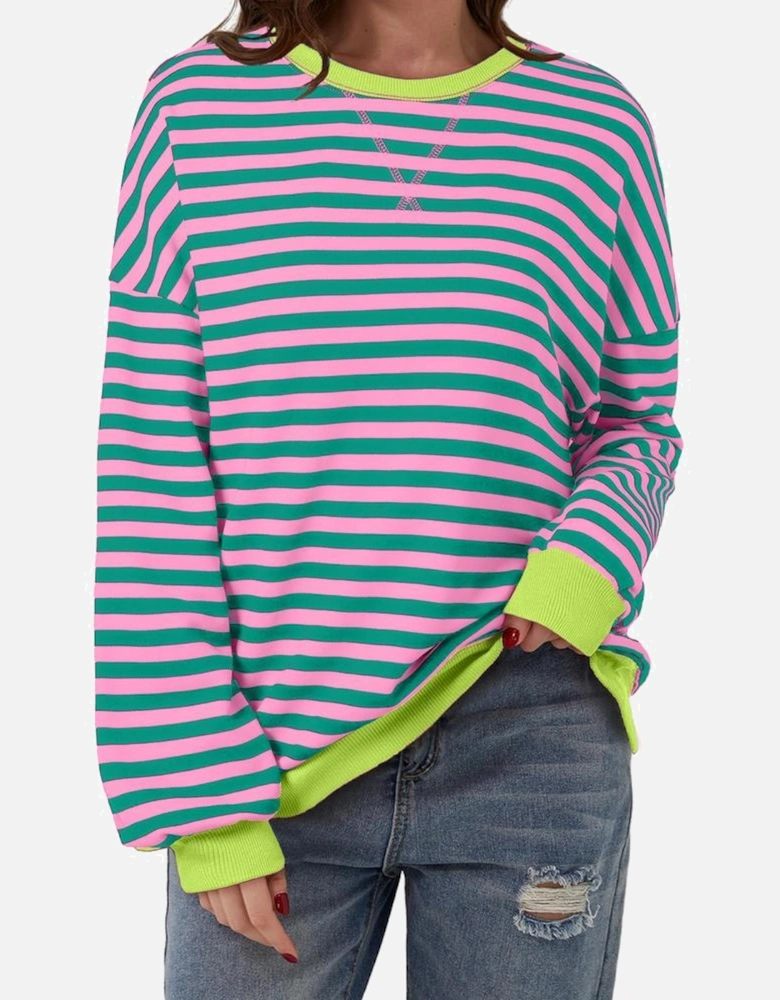 Rose Stripe Contrast Ribbed Trim Crossed Stitch Drop Shoulder Sweatshirt