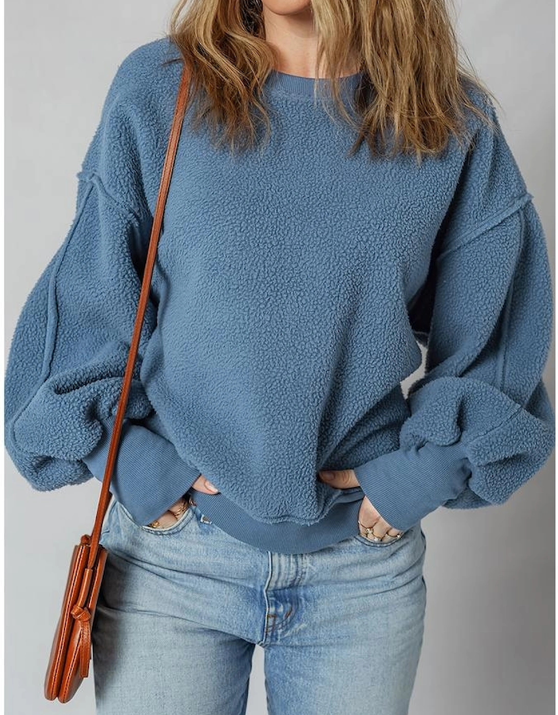 Sail Blue Fleece Drop Shoulder Exposed Seam Patchwork Casual Sweatshirt, 6 of 5