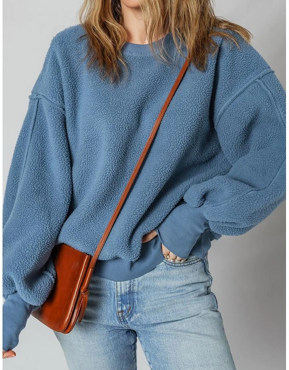 Sail Blue Fleece Drop Shoulder Exposed Seam Patchwork Casual Sweatshirt