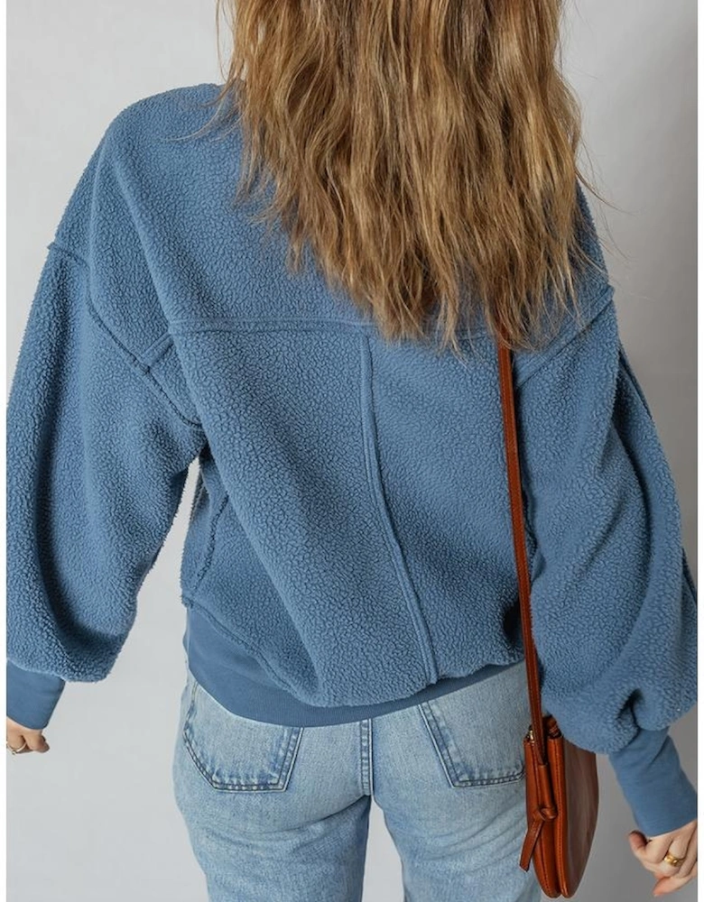 Sail Blue Fleece Drop Shoulder Exposed Seam Patchwork Casual Sweatshirt