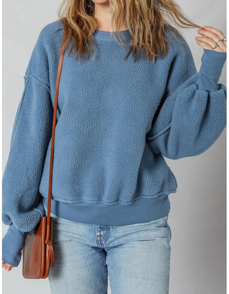 Sail Blue Fleece Drop Shoulder Exposed Seam Patchwork Casual Sweatshirt
