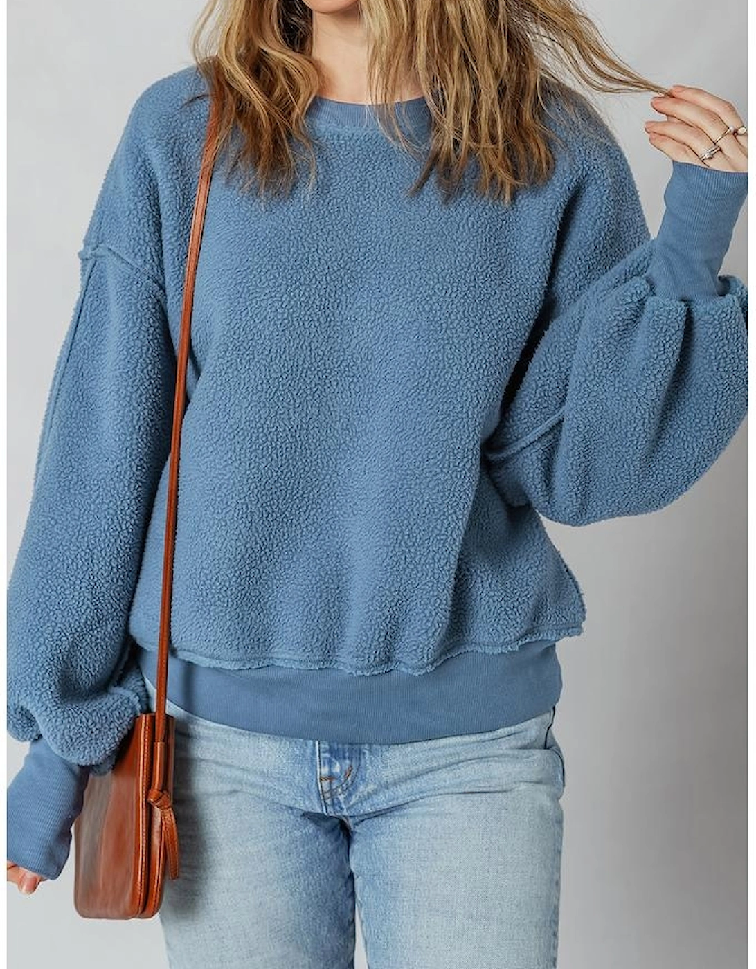 Sail Blue Fleece Drop Shoulder Exposed Seam Patchwork Casual Sweatshirt