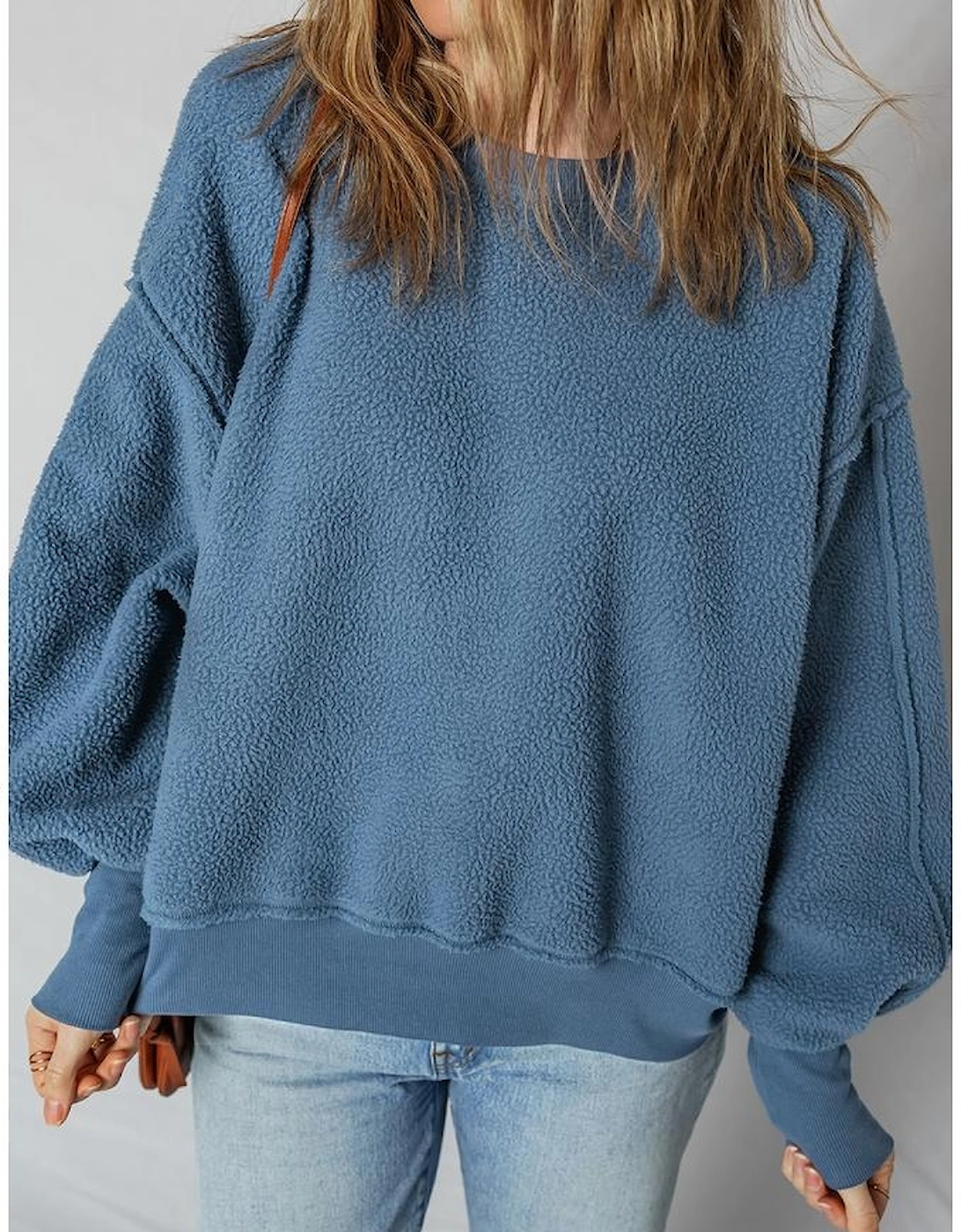 Sail Blue Fleece Drop Shoulder Exposed Seam Patchwork Casual Sweatshirt