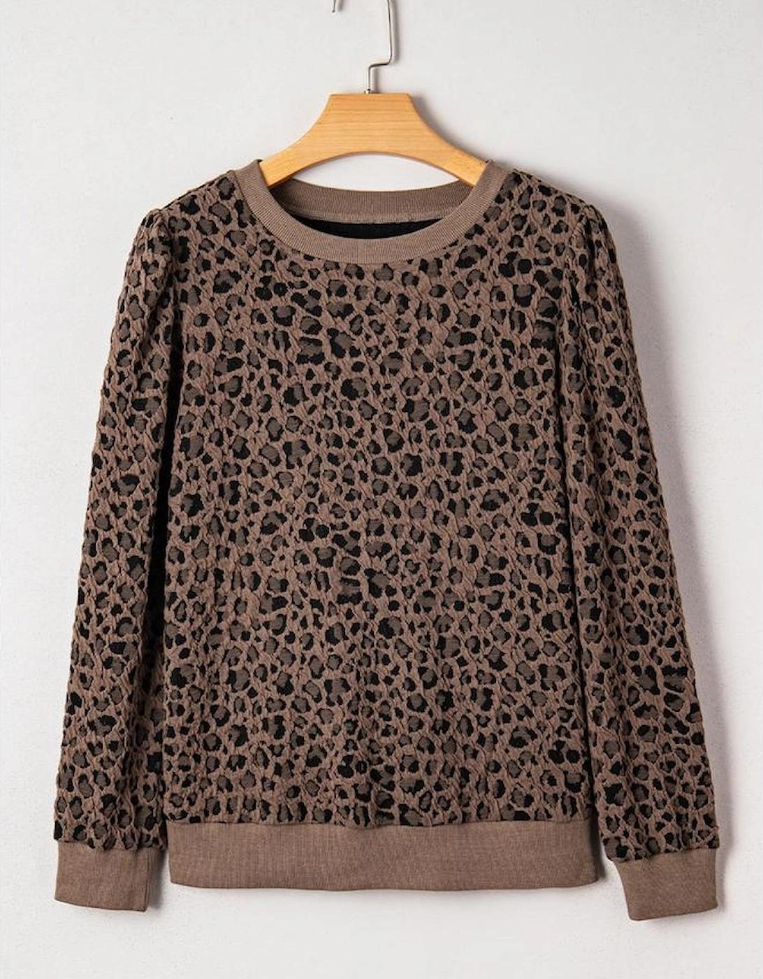 Brown Ribbed Trim Leopard Print Long Sleeve Top
