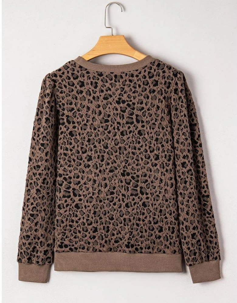 Brown Ribbed Trim Leopard Print Long Sleeve Top
