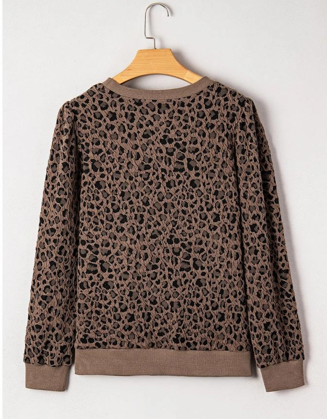 Brown Ribbed Trim Leopard Print Long Sleeve Top