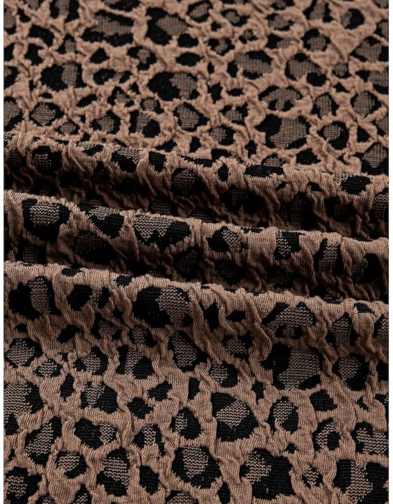 Brown Ribbed Trim Leopard Print Long Sleeve Top