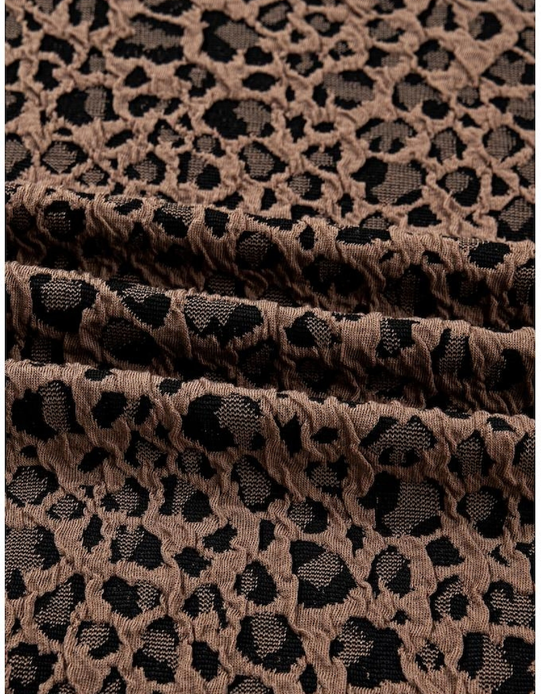 Brown Ribbed Trim Leopard Print Long Sleeve Top