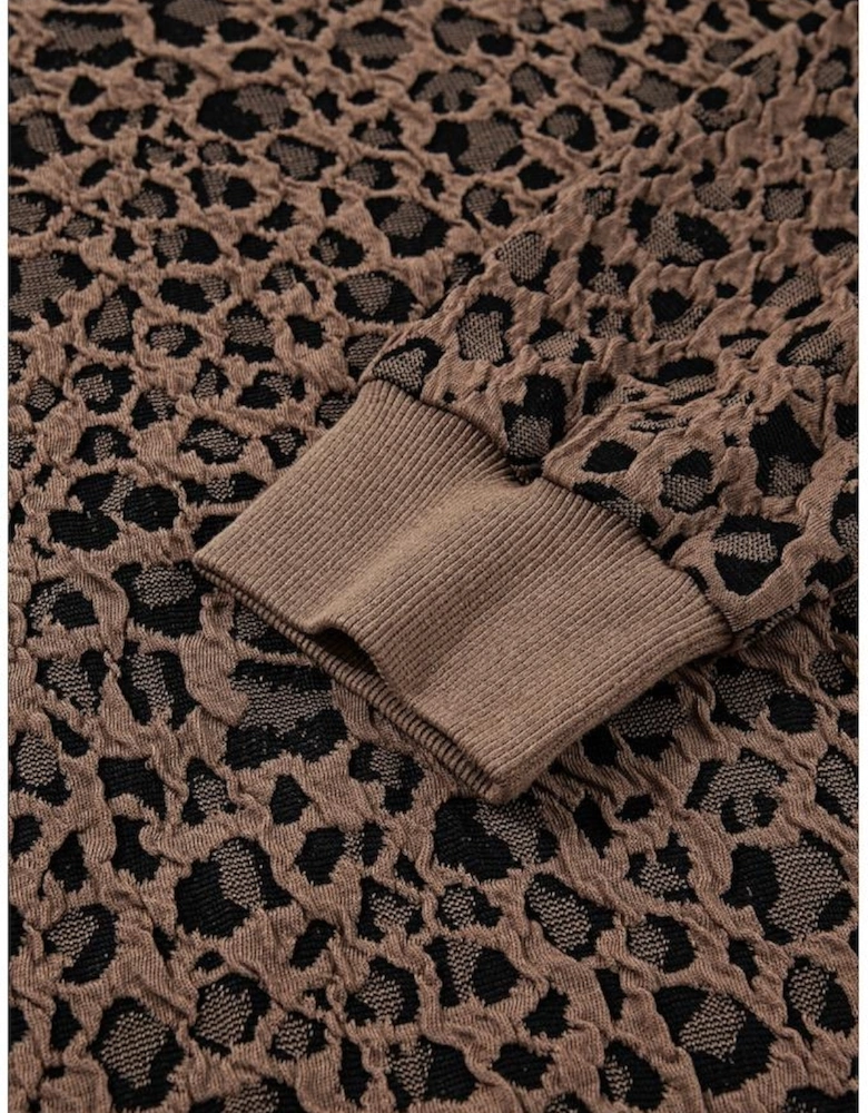 Brown Ribbed Trim Leopard Print Long Sleeve Top