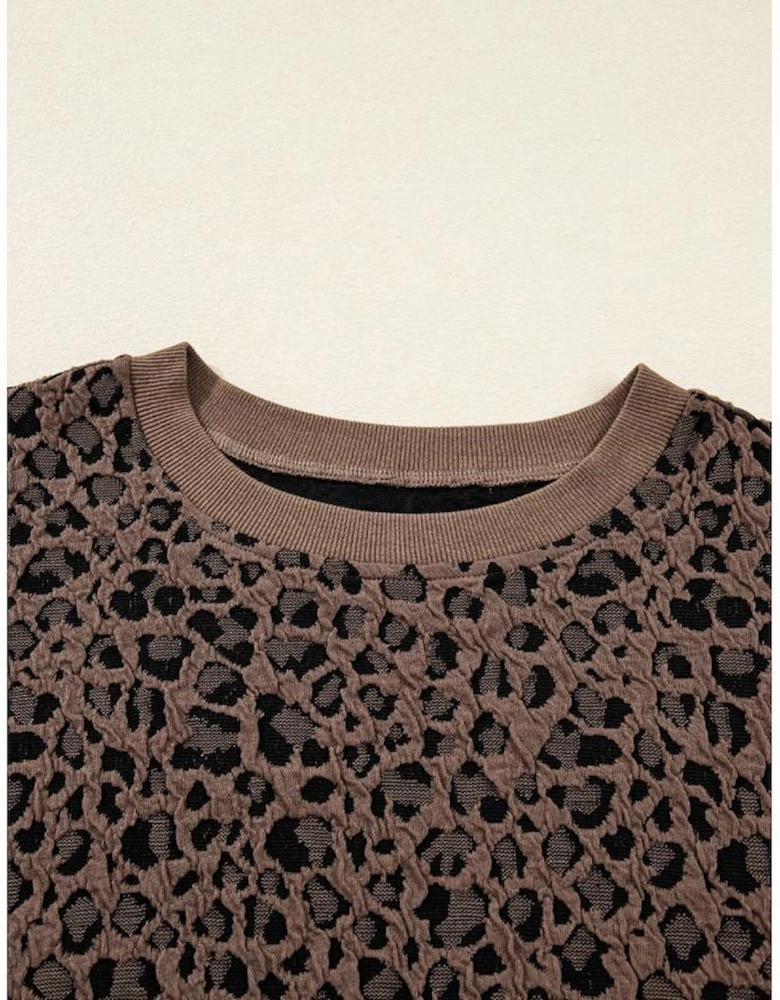 Brown Ribbed Trim Leopard Print Long Sleeve Top