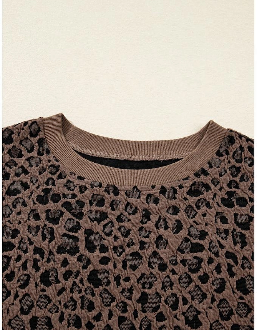 Brown Ribbed Trim Leopard Print Long Sleeve Top