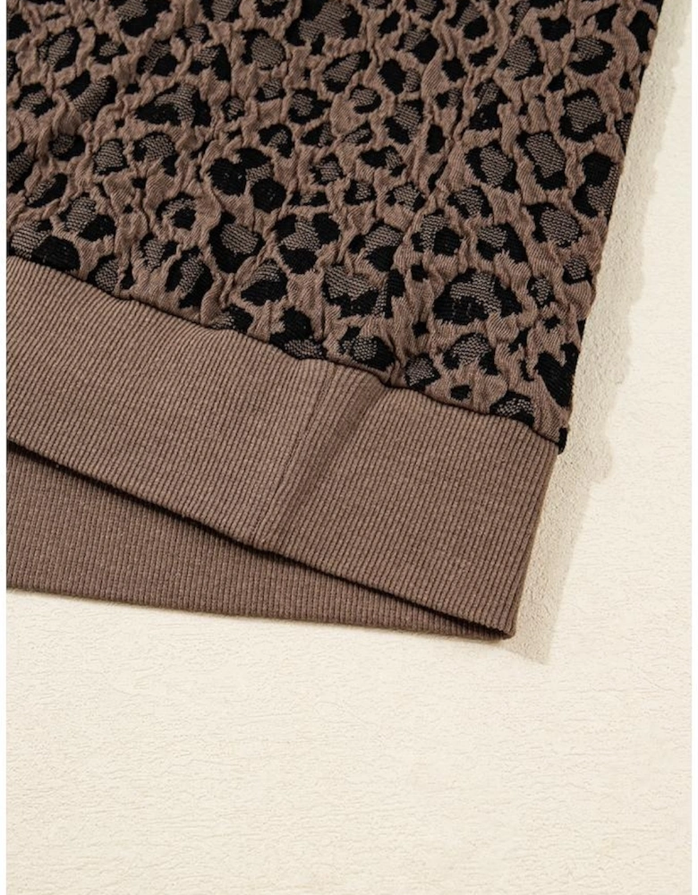 Brown Ribbed Trim Leopard Print Long Sleeve Top