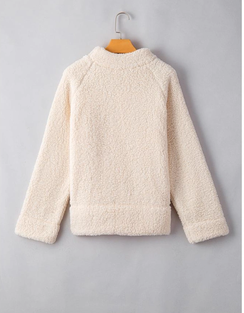 White Solid Fleece High Neck Drop Shoulder Pullover Sweatshirt