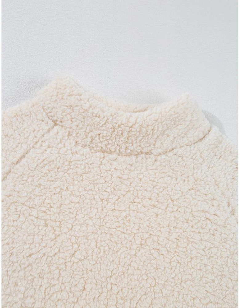 White Solid Fleece High Neck Drop Shoulder Pullover Sweatshirt