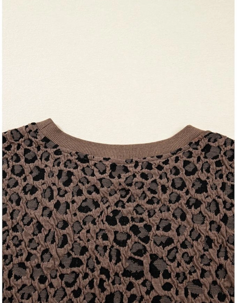 Brown Ribbed Trim Leopard Print Long Sleeve Top