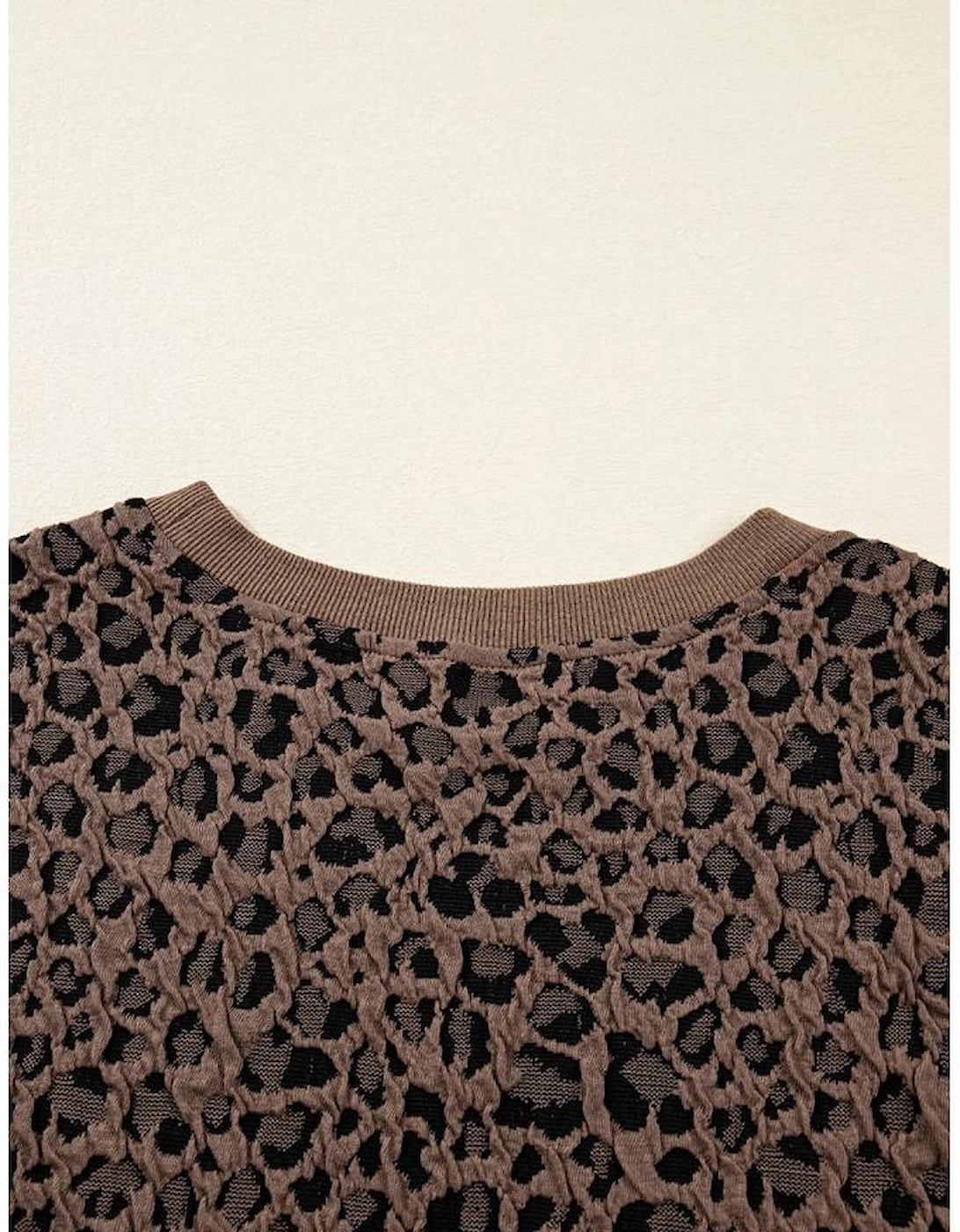 Brown Ribbed Trim Leopard Print Long Sleeve Top