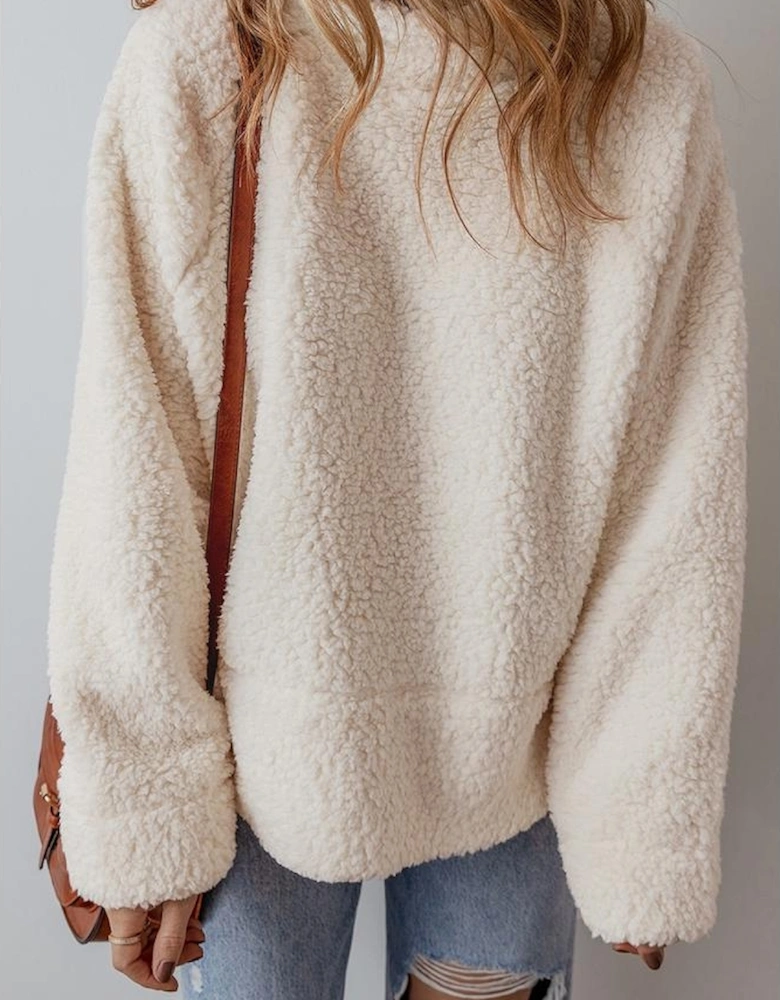 White Solid Fleece High Neck Drop Shoulder Pullover Sweatshirt