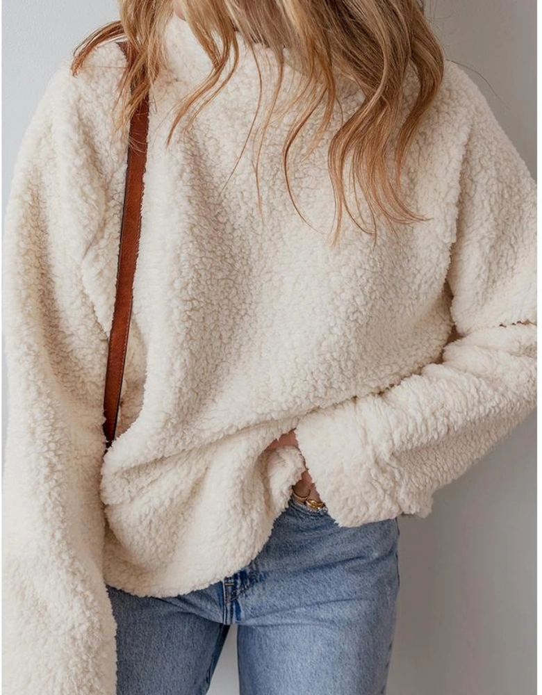 White Solid Fleece High Neck Drop Shoulder Pullover Sweatshirt