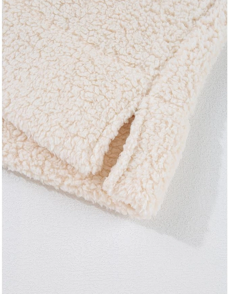 White Solid Fleece High Neck Drop Shoulder Pullover Sweatshirt