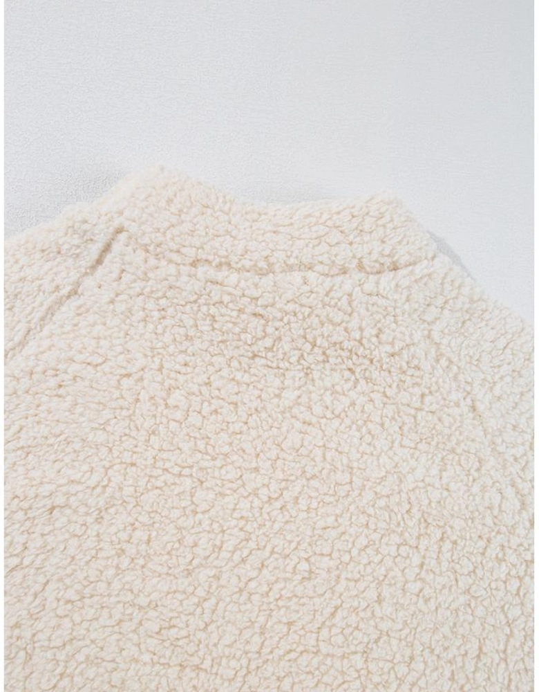 White Solid Fleece High Neck Drop Shoulder Pullover Sweatshirt