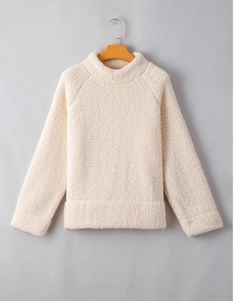 White Solid Fleece High Neck Drop Shoulder Pullover Sweatshirt