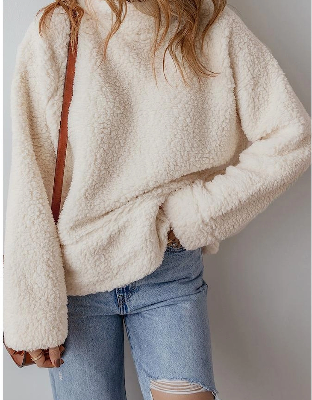 White Solid Fleece High Neck Drop Shoulder Pullover Sweatshirt