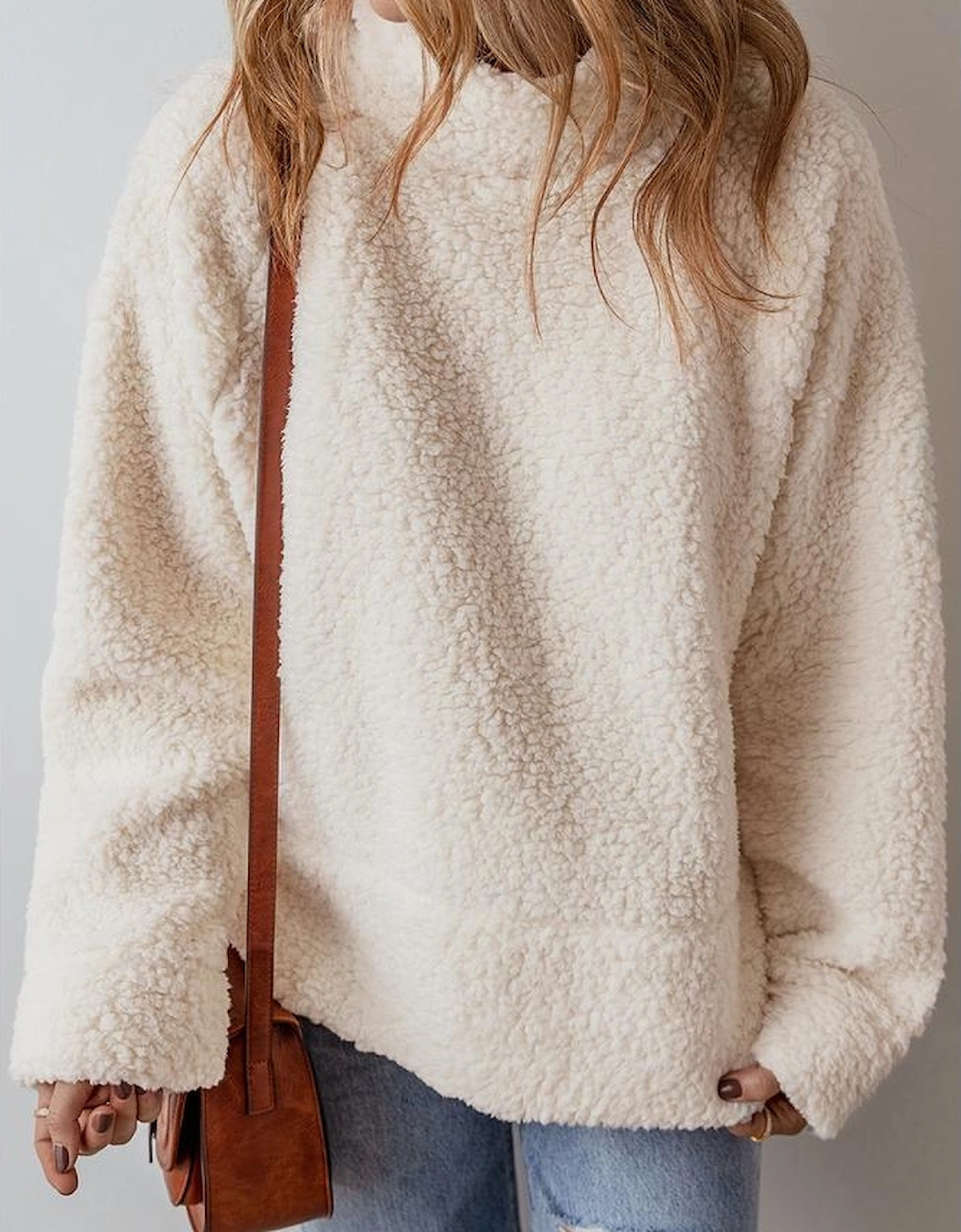 White Solid Fleece High Neck Drop Shoulder Pullover Sweatshirt