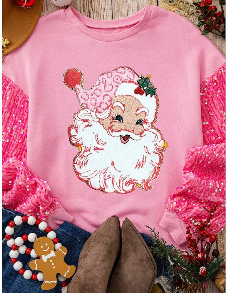 Pink Shiny Father Christmas Graphic Sequin Long Sleeve Top