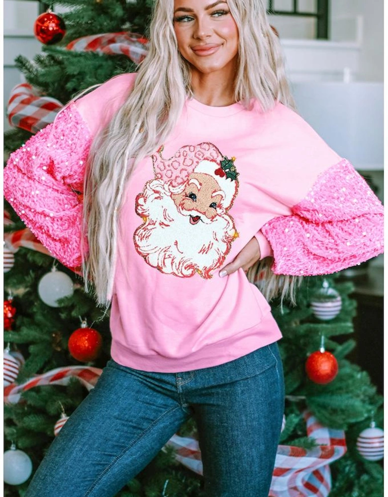 Pink Shiny Father Christmas Graphic Sequin Long Sleeve Top