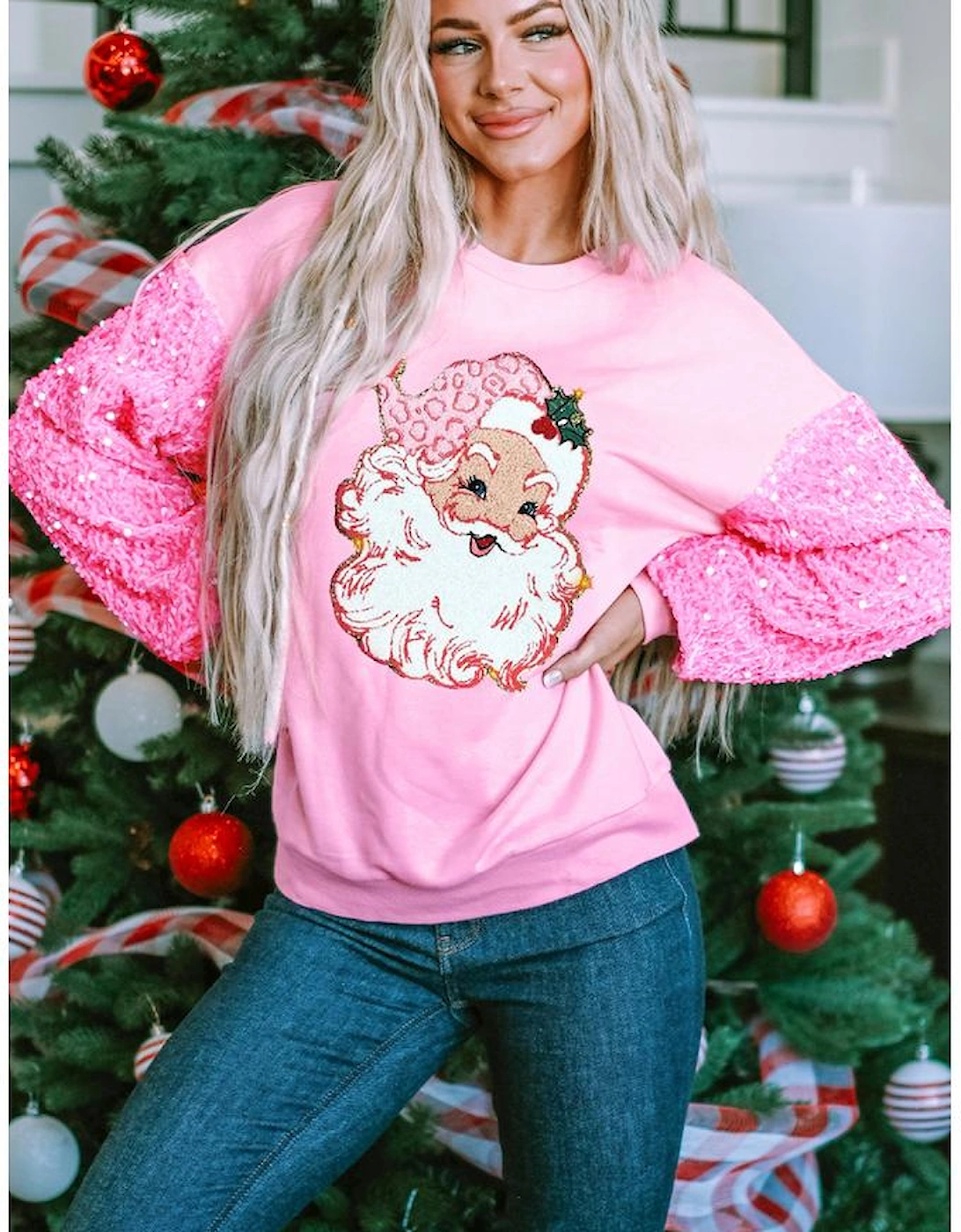 Pink Shiny Father Christmas Graphic Sequin Long Sleeve Top
