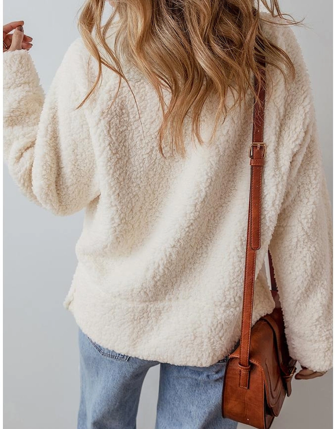 White Solid Fleece High Neck Drop Shoulder Pullover Sweatshirt