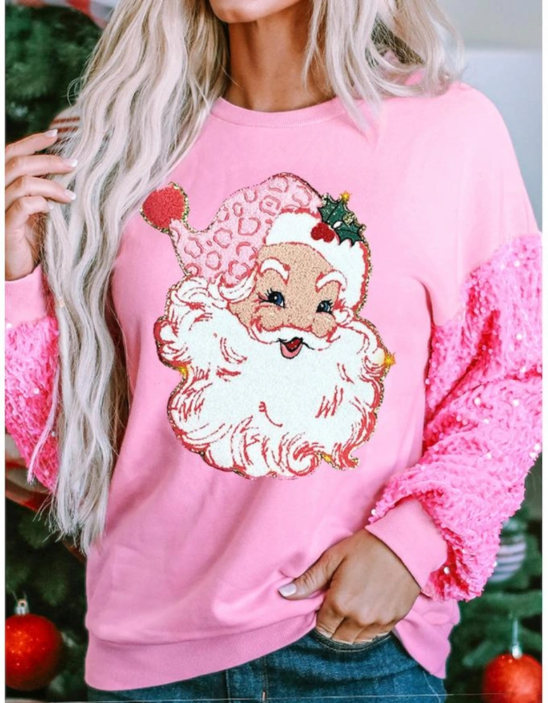 Pink Shiny Father Christmas Graphic Sequin Long Sleeve Top