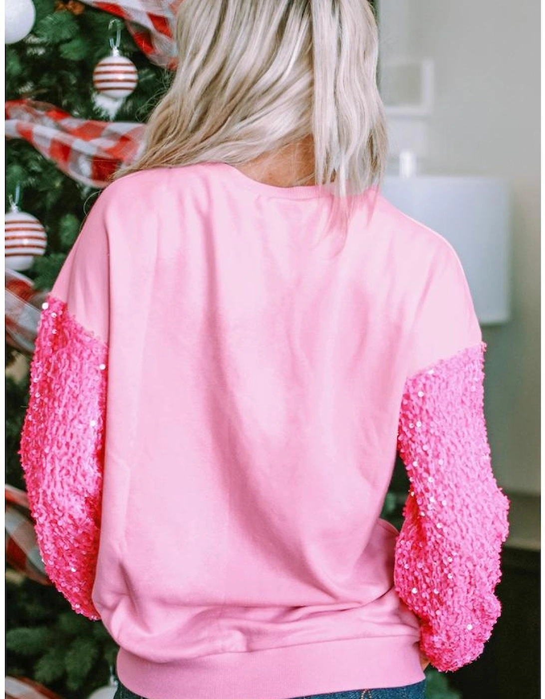 Pink Shiny Father Christmas Graphic Sequin Long Sleeve Top
