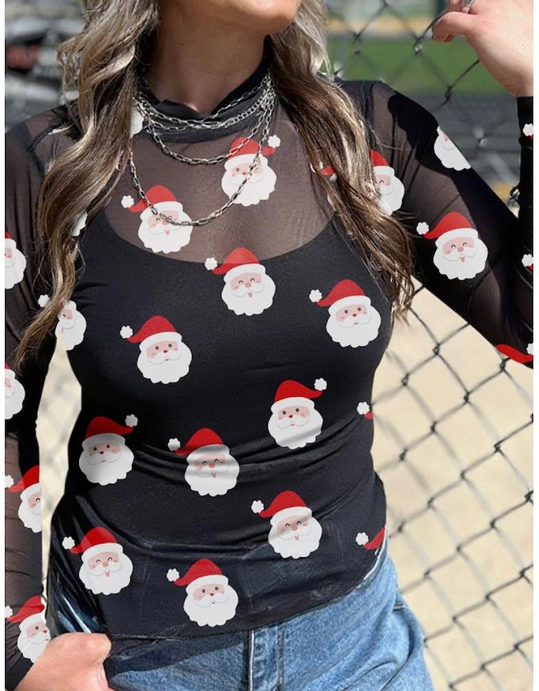 Black Christmas Fashion Print Slim Fit Long Sleeve Top