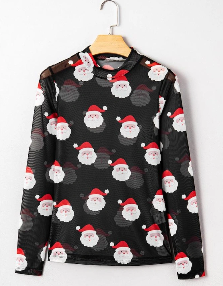 Black Christmas Fashion Print Slim Fit Long Sleeve Top