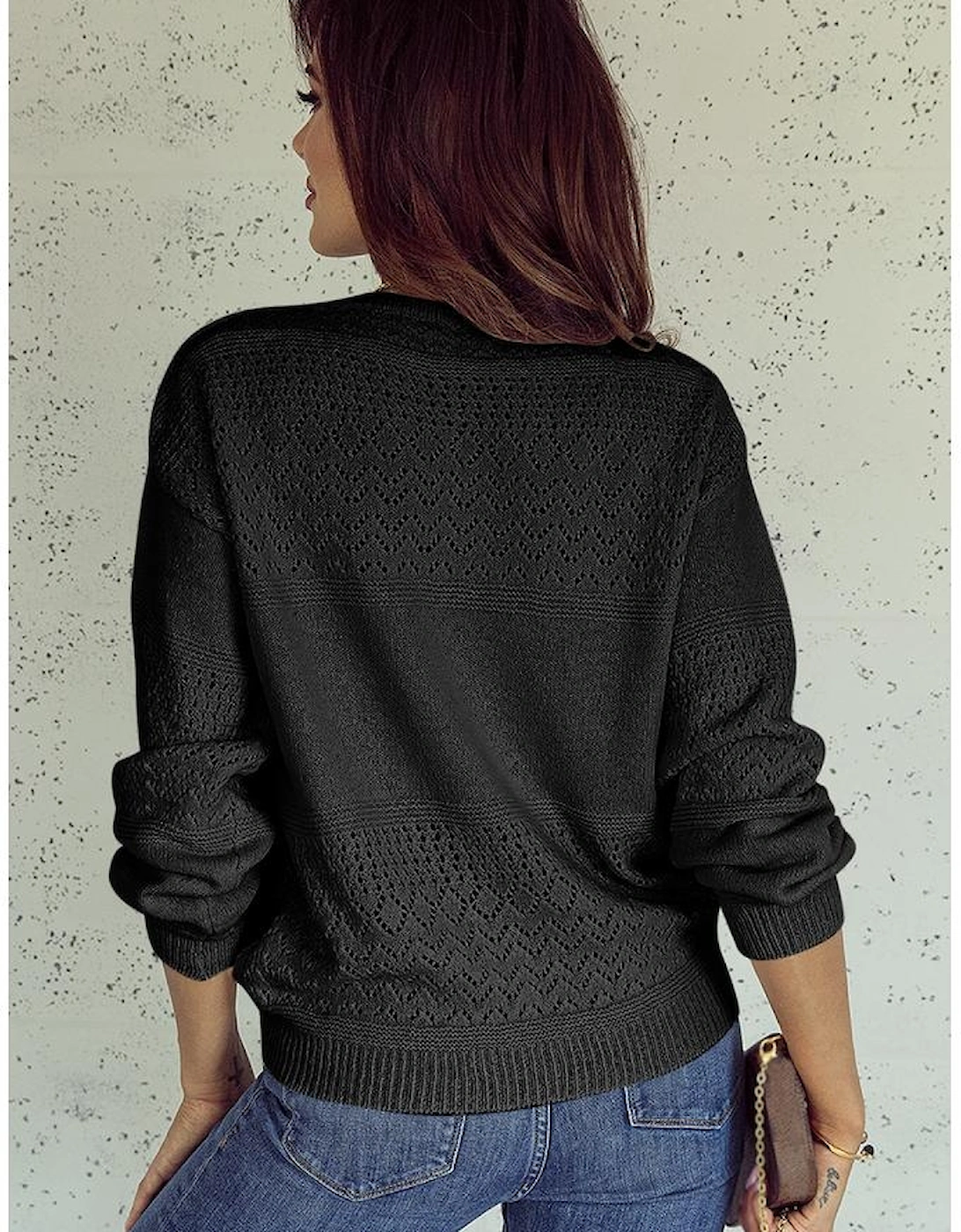 Black Eyelet Pattern Detail V Neck Drop Shoulder Sweater