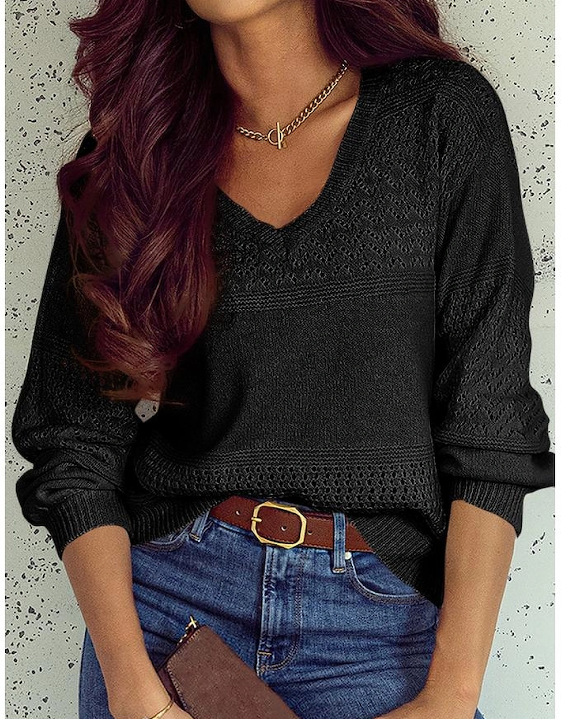 Black Eyelet Pattern Detail V Neck Drop Shoulder Sweater, 16 of 15