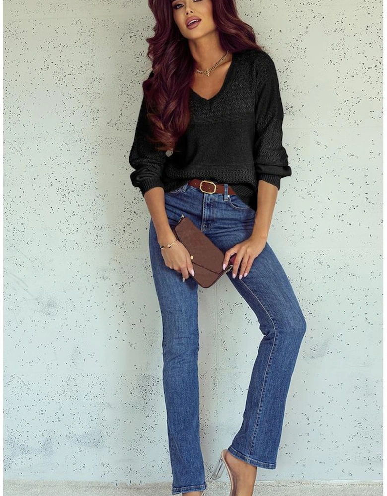 Black Eyelet Pattern Detail V Neck Drop Shoulder Sweater