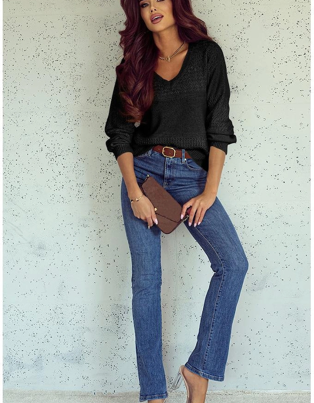 Black Eyelet Pattern Detail V Neck Drop Shoulder Sweater